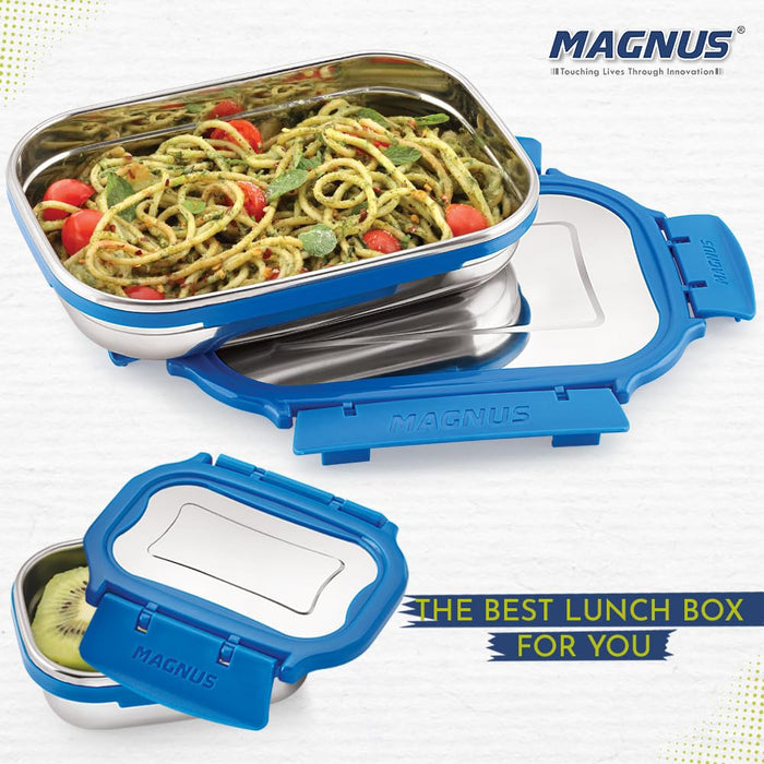 Magnus Bolt Deluxe Stainless Steel Lunch Box - Airtight & Leak Proof Tiffin, 2 Containers (800ml & 150ml), Ideal Lunch Box for Kids, Lunch Boxes for Office Men, Women & Picnic, Blue