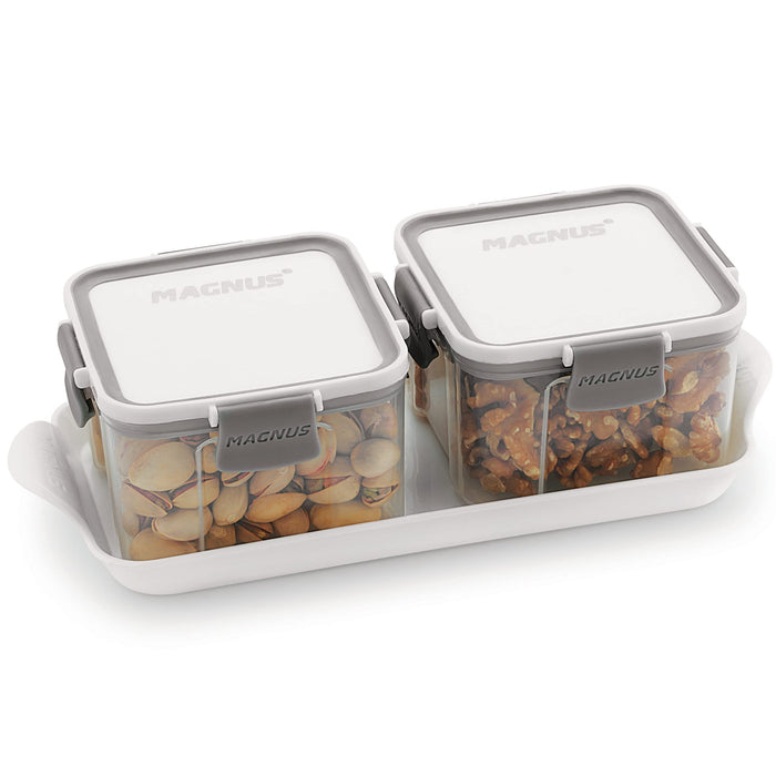 Magnus Modulock Trendy 2 Plastic BPA Free Food Container Set with Tray For Gifting Purpose (460 ml Each)