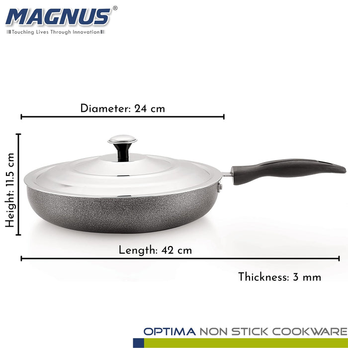 Magnus Optima Non-Stick Aluminum Fry Pan with Stainless Steel Lid, 240 mm(1.85 LTR),3 mm Thickness, Hammertone Finish, (Black & Grey)