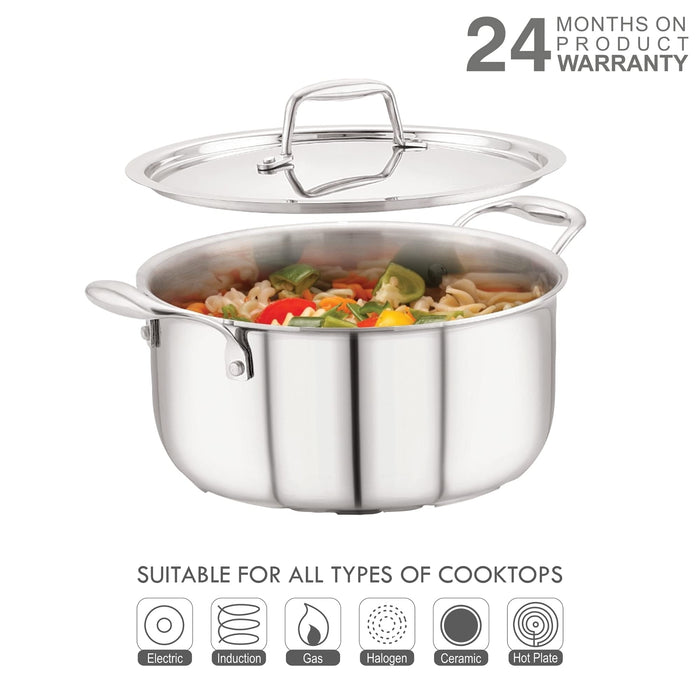 Magnus Triply Stainless Steel Casserole with Stainless Steel Lid and Induction Bottom, 24 cm|5.15 L, Silver|Use for Home, Kitchen and Restaurant - Easy to Clean and Dishwasher Oven Safe