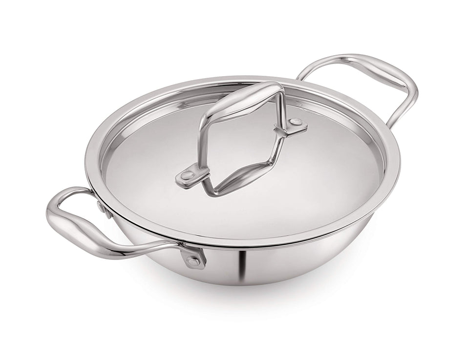 Magnus Triply Stainless Steel Kadai with Stainless Steel Lid,18 cm,1.4 L (Induction and Gas Stove Compatible), Silver, Small (Model Number: Triply Kadhai)