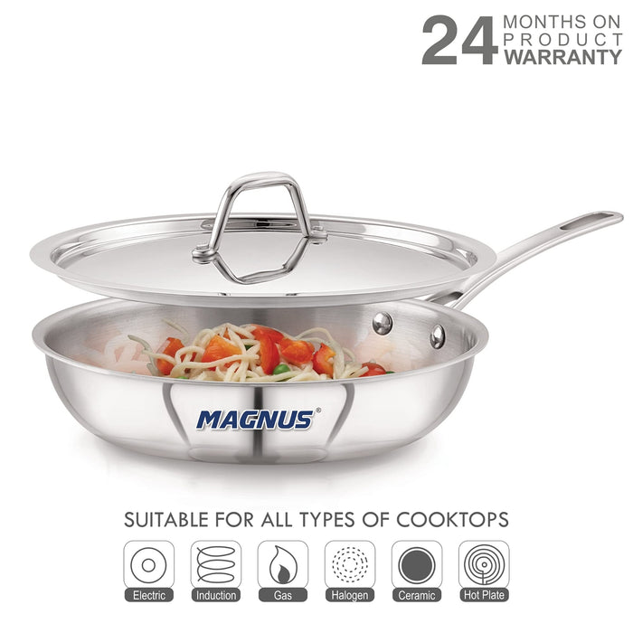 Magnus Triply Stainless Steel Fry Pan with Lid and Induction Bottom, 24 cm|2 L, Silver|Use for Home, Kitchen and Restaurant - Easy to Clean and Dishwasher Oven Safe