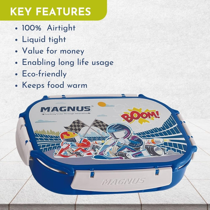 Magnus Spike Kids PP Blue Lunchbox - 800ml Stainless Steel Tiffin & 150ml Container | Airtight, Leakproof Lunch Box | Easy Carry for Boys & Girls | Lunch Box for Kids & Office Men