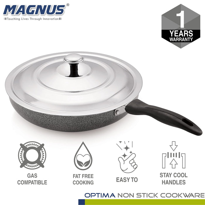 Magnus Optima Non-Stick Aluminum Fry Pan with Stainless Steel Lid, 280 mm(3.1 LTR),3 mm Thickness, Hammertone Finish, (Black & Grey)