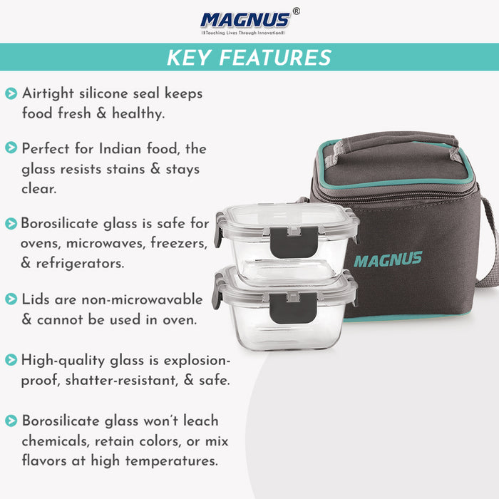 Magnus Glock Solid Glass Lunch Box with Vertical Pouch and Fixed Clip, Includes 2 Square Airtight, Leakproof, Microwave Safe Borosilicate Glass Containers, 320 ML Each