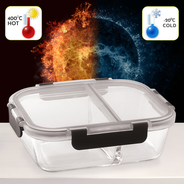 Glock Glass Food Divider Rectangle Container with Break-Free Detachable Lock, Oven & Microwave Safe Borosilicate Glass - 970ML