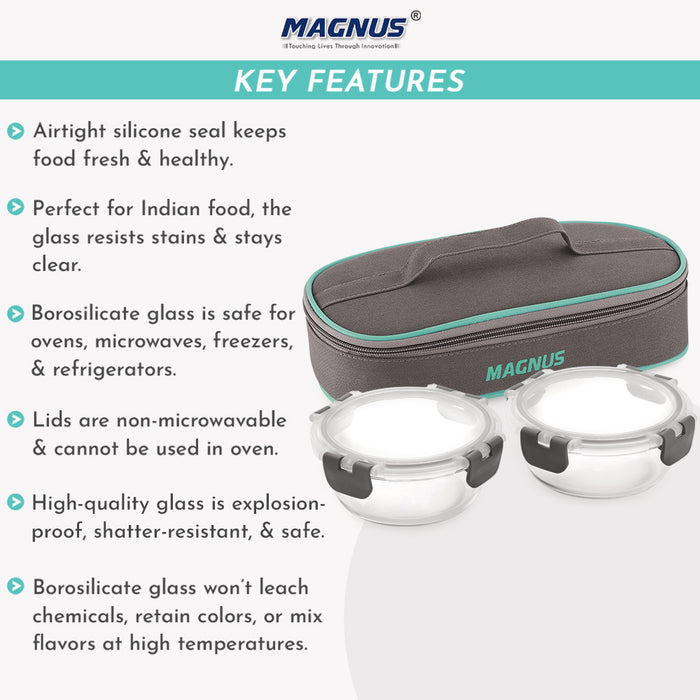 Magnus Glock Solid Glass Lunch Box with Flat Pouch and Fixed Clip, Includes 2 Round Airtight, Leakproof, Microwave Safe Borosilicate Glass Containers, 400 ML Each