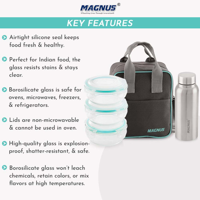 Magnus Vivid Glass Lunch Box with Vertical Pouch and Fixed Clip, 1 S S Bottle ( 700ml ) and 3 Round Airtight, Leakproof, Microwave Safe Borosilicate Glass Containers, 400 ML Each