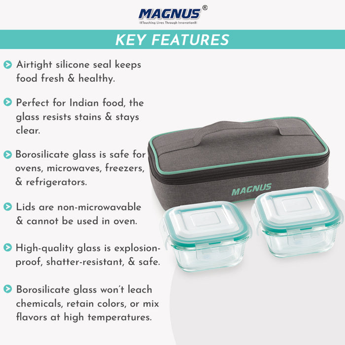 Magnus Vivid Glass Lunch Box with Linen Flat Pouch and Fixed Clip, Includes 2 Square Airtight, Leakproof, Microwave Safe Borosilicate Glass Containers, 320 ML Each - Premium Lunch Boxes