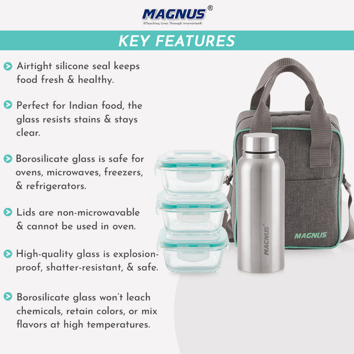 Magnus Vivid Glass Lunch Box with Linen Vertical Pouch and Fixed Clip, 1 SS Bottle (700 ml) & 3 Square Airtight,Leakproof,Microwave Safe Borosilicate Glass Containers,320 ML Each - Premium Lunch Boxes