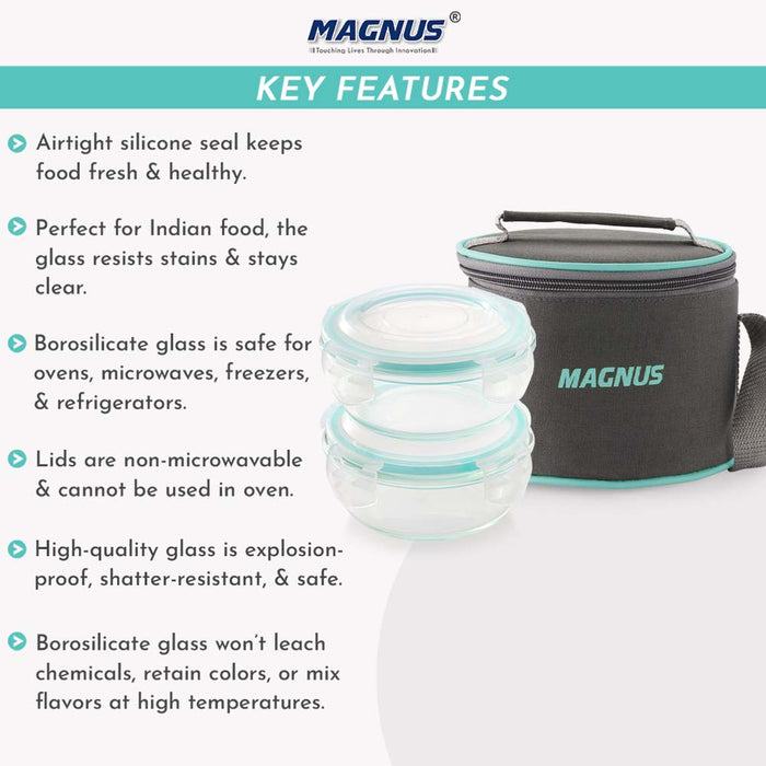 Magnus Vivid Glass Lunch Box with Vertical Pouch and fixed Clip, Includes 2 Round Airtight, Leakproof, Microwave Safe Borosilicate Glass Containers, 400 ML Each