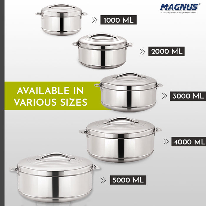 Magnus Rio Hot & Cold Double Walled Stainless Steel Casserole with Lid for 5000 ML, Silver | PU Insulated | Hot & Cold | Hygiene | Odourless | Stylish Design | Versatile Use for storing Rice-Gravy-Roti | Set of 2