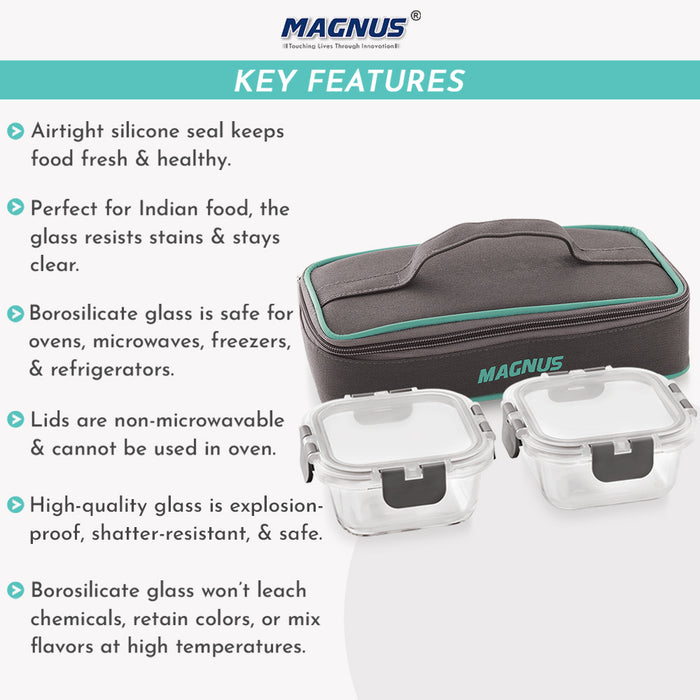 Magnus Glock Solid Glass Lunch Box with Flat Pouch and Fixed Clip, Includes 2 Square Airtight, Leakproof, Microwave Safe Borosilicate Glass Containers, 320 ML Each