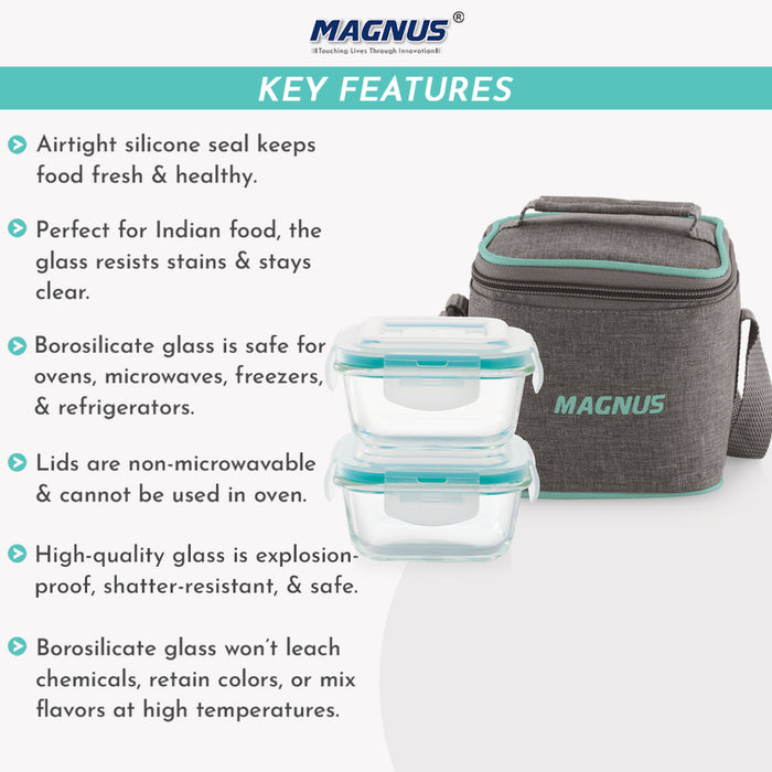 Magnus Vivid Glass Lunch Box with Linen Vertical Pouch and Fixed Clip, Includes 2 Square Airtight, Leakproof, Microwave Safe Borosilicate Glass Containers, 320 ML Each - Premium Lunch Boxes