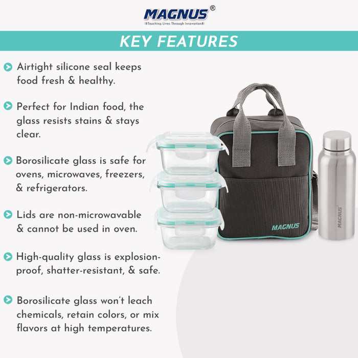 Magnus Vivid Glass Lunch Box with Vertical Pouch and Fixed Clip, Includes 2 Square Airtight, Leakproof, Microwave Safe Borosilicate Glass Containers, 320 ML Each