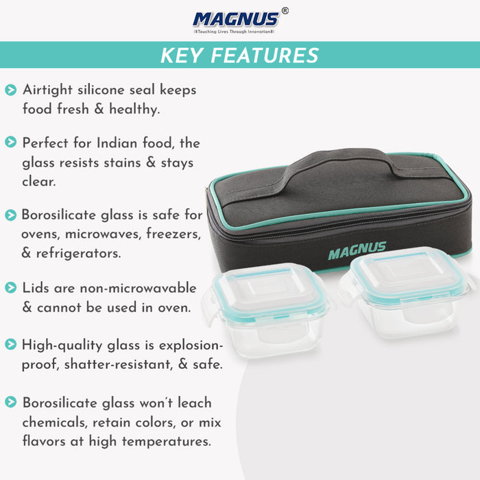 Magnus Vivid Glass Lunch Box with Flat Pouch and Fixed Clip, Includes 2 Square Airtight, Leakproof, Microwave Safe Borosilicate Glass Containers, 320 ML Each