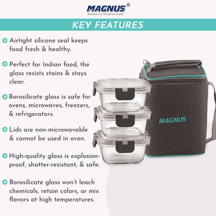 Magnus Glock Solid Glass Lunch Box with Vertical Pouch and Fixed Clip, Includes 3 Square Airtight, Leakproof, Microwave Safe Borosilicate Glass Containers, 320 ML Each