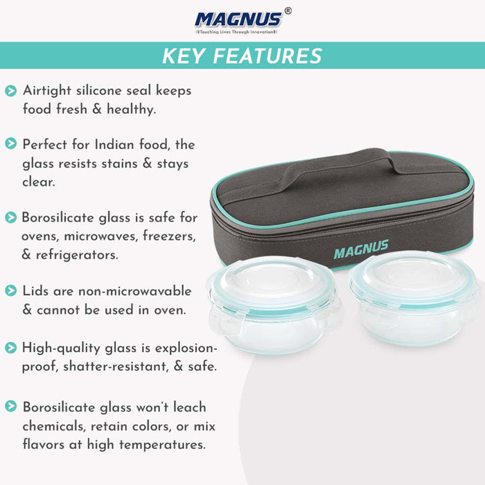 Magnus Vivid Glass Lunch Box with Flat Pouch and Fixed Clip, Includes 2 Round Airtight, Leakproof, Microwave Safe Borosilicate Glass Containers, 400 ML Each