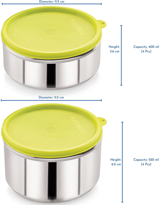 Magnus Steam Lock Airtight and Leakproof Food Storage Stainless Steel Containers Set of 4 ( 2 x 250ml, 2 x650ml) | Airtight & Leakproof Lid | Highly Durable & Sturdy