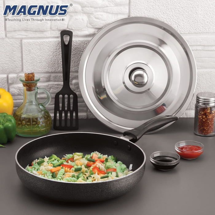 Magnus Optima Non-Stick Aluminum Fry Pan with Stainless Steel Lid, 280 mm(3.1 LTR),3 mm Thickness, Hammertone Finish, (Black & Grey)