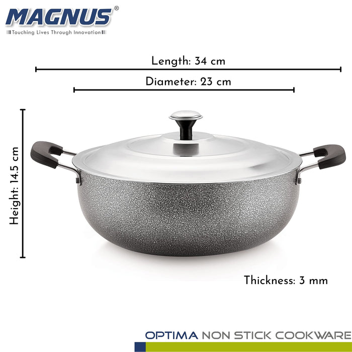 Magnus Optima Non-Stick Aluminum Deep Kadai with Stainless Steel Lid, 2.5 Litres, Hammertone Finish,(Black & Grey)