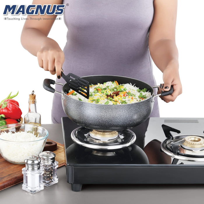 Magnus Optima Non-Stick Aluminum Deep Kadai with Stainless Steel Lid, 2.5 Litres, Hammertone Finish,(Black & Grey)