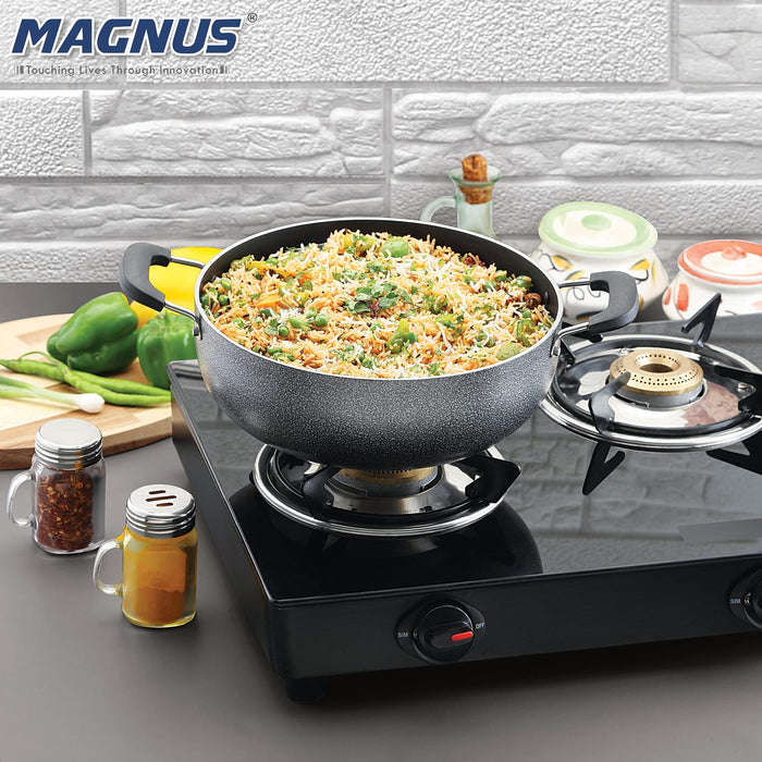 Magnus Optima Non-Stick Aluminum Deep Kadai with Stainless Steel Lid, 2.5 Litres, Hammertone Finish,(Black & Grey)