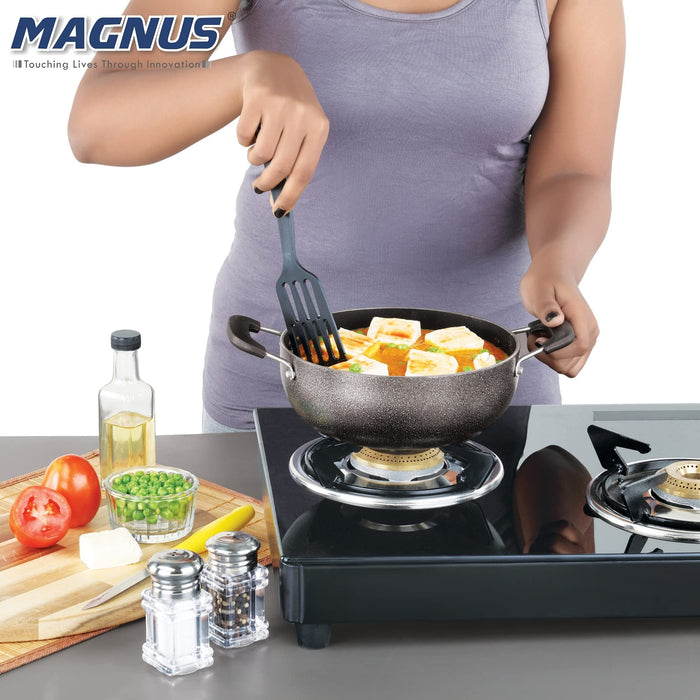 Magnus Optima Non-Stick Aluminum Deep Kadai with Stainless Steel Lid, 2 Litres, Hammertone Finish,(Black & Grey)