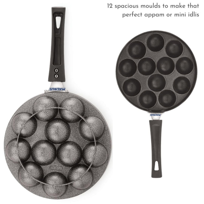 Magnus Appam Patra with Stainless Steel Lid | 12 Cavity Non-Stick Pan | Induction Friendly| Heavy Duty Aluminum| Single Handle with SS Lid | Appam pan | Litti Maker | Black