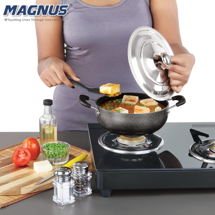 Magnus Optima Non-Stick Aluminum Deep Kadai with Stainless Steel Lid, 2 Litres, Hammertone Finish,(Black & Grey)