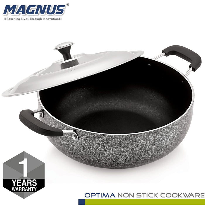 Magnus Optima Non-Stick Aluminum Deep Kadai with Stainless Steel Lid, 2.5 Litres, Hammertone Finish,(Black & Grey)