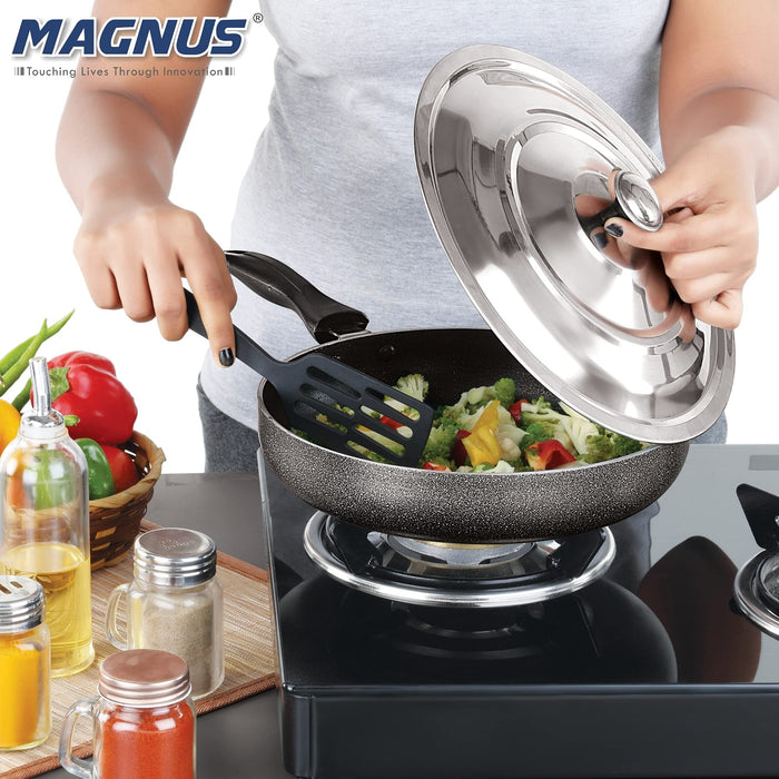 Magnus Optima Non-Stick Aluminum Fry Pan with Stainless Steel Lid, 240 mm(1.85 LTR),3 mm Thickness, Hammertone Finish, (Black & Grey)