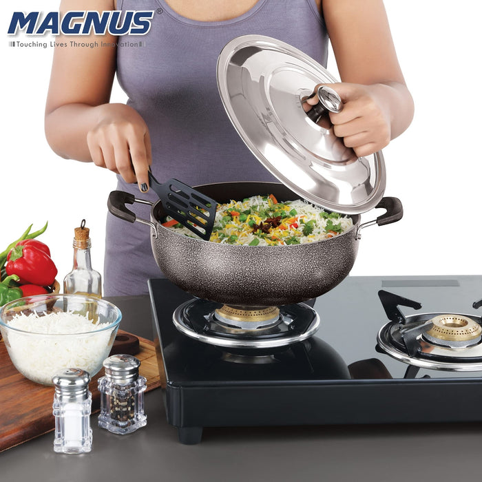 Magnus Optima Non-Stick Aluminum Deep Kadai with Stainless Steel Lid, 2.5 Litres, Hammertone Finish,(Black & Grey)