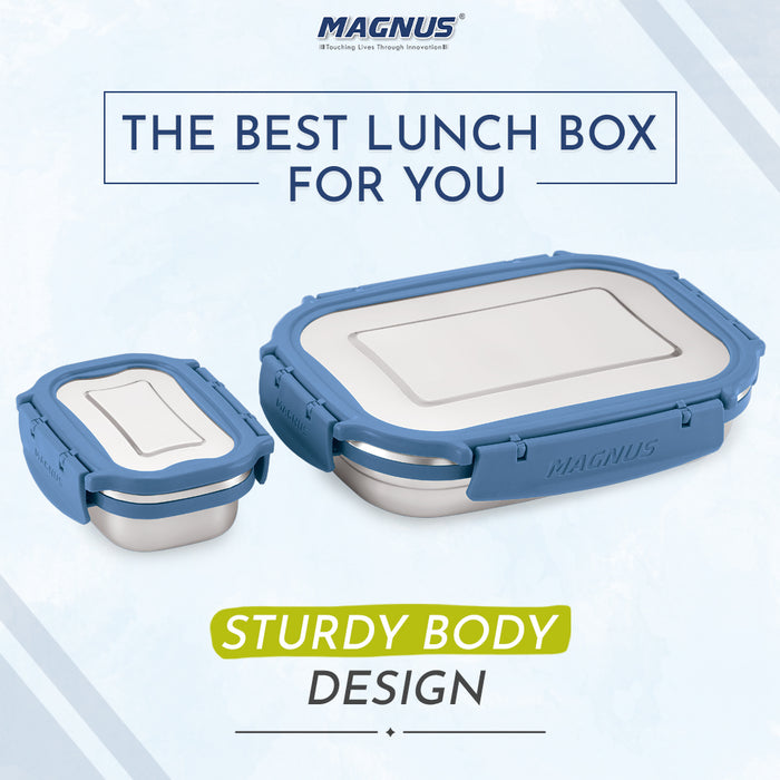 Magnus Bolt Deluxe Stainless Steel Lunch Box - Airtight & Leak Proof Tiffin, 2 Containers (800ml & 150ml), Ideal Lunch Box for Kids, Lunch Boxes for Office Men, Women & Picnic, Cool Blue