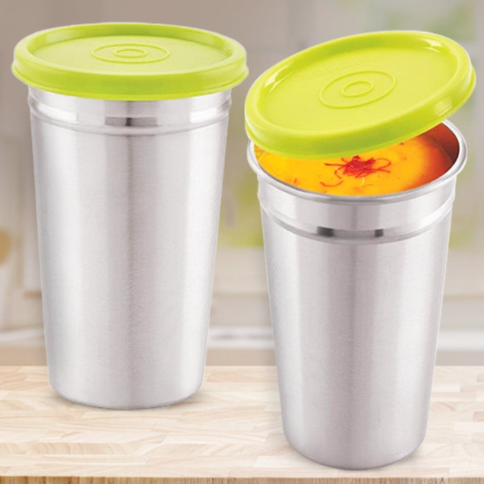 Magnus Easy Lock Tumbler with Lid and Straw | 350 ml | Stainless Steel Water Bottle | 100% Spill-Proof & Airtight | Suitable for Adults, Kids, and Toddlers | Portable Kitchen Set (Pack of 2, Silver)