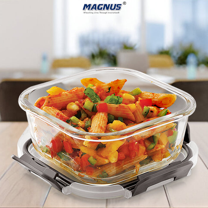 Magnus G-Lock Glass Food Square Container with Break-Free Detachable Lock, 320ML - Oven & Microwave Safe Borosilicate Glass Lunch Box, Kitchen Essentials, Lunch Boxes for Office Men