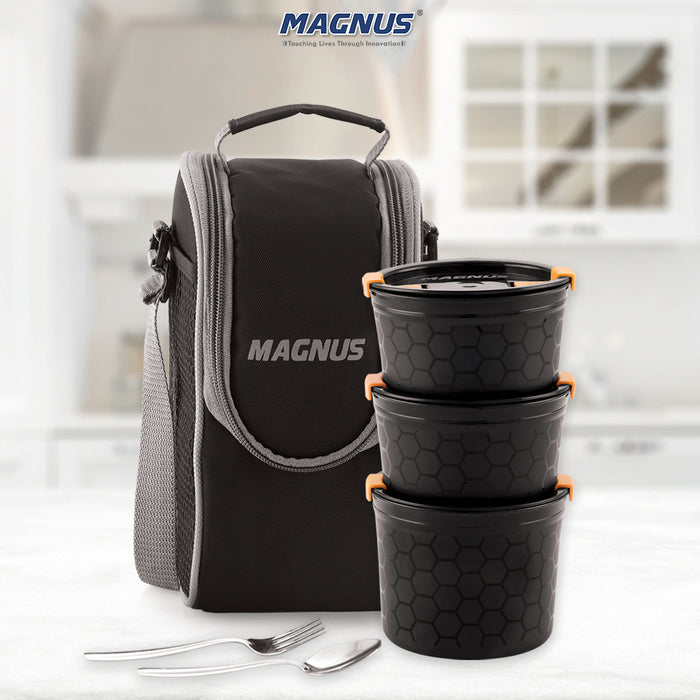 Magnus Opal-3 Microwave Steam Lock Stainless Steel Lunch Box Set - Leak-Proof Lunch Box for Kids, Men, Women | 300ml x 2, 400ml Tiffin Containers with Bag | Lunch Boxes for Office Men - Black