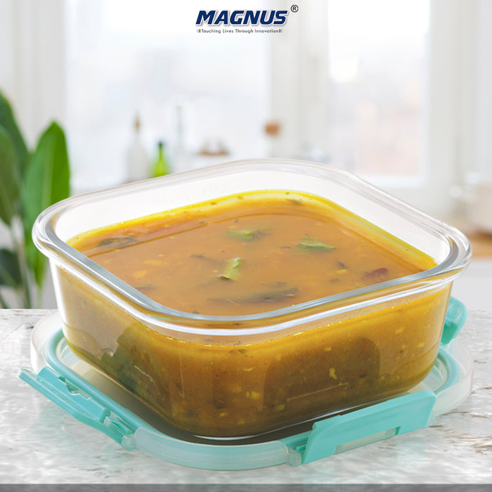 Magnus Glock Glass Food Square Container with Break-Free Detachable Lock, Oven & Microwave Safe Borosilicate Glass, 800ML, Ideal Lunch Box, Kitchen Essentials, Lunch Boxes for Office Men, Green