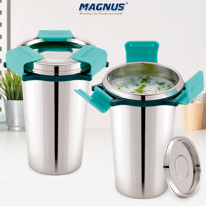 Magnus Stainless Steel Revlock Glass Glossy (350 ml) |Leak-Proof & Airtight Tumbler with Rev Lock Lid - Perfect for Travel, Office, and Kids | Ideal for Juice,Buttermilk |Sleek & Portable ( Pack of 2)