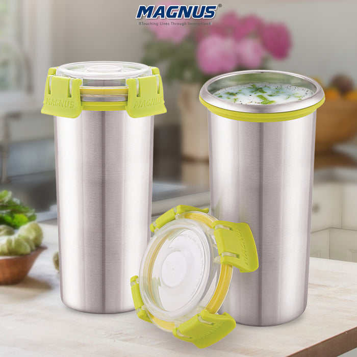 Magnus Stainless Steel Matte Klip Lock Tumbler with Lid and Straw - 500ml | Leak-Proof & Airtight Tumbler - Ideal for Travel, Office, Kids | Perfect for Juice, Buttermilk | Pack of 2