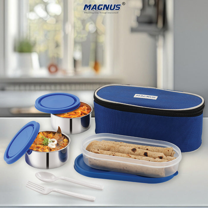 Magnus Super 3 Lunch Box Set | Stainless Steel Lunch Box for Kids | Leak-Proof Lunch Boxes for Office Men & Women | Compact, Air-Tight Design | 1010 ml, Blue