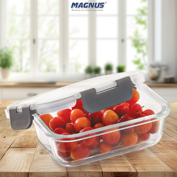 Magnus Glock Glass Food Rectangle Container with Break-Free Detachable Lock – Borosilicate Glass Lunch Box, Oven & Microwave Safe, 370ML - Kitchen Essentials, Lunch Boxes for Office Men